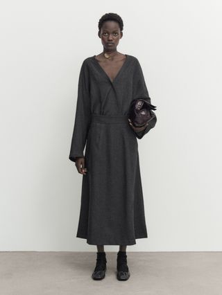 Massimo Dutti + Grey Wool-Blend Midi Skirt