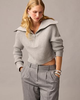 J.Crew + Cashmere Cropped Wide-Collar Half-Zip Sweater