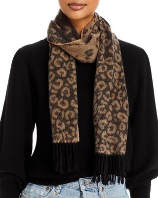 C by Bloomingdale's Cashmere + Leopard Print Cashmere Scarf