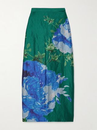 Erdem + Floral-Print Crinkled-Satin Skirt