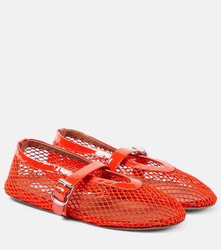 Alaïa + Leather-Trimmed Fishnet Ballet Flats in Orange