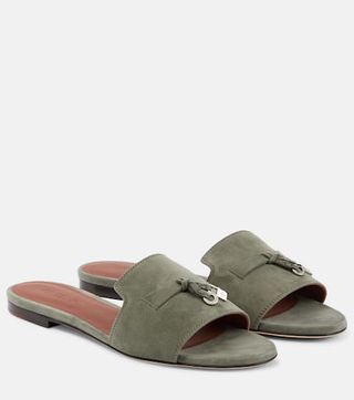 Loro Piana + Embellished Suede Sandals in Grey