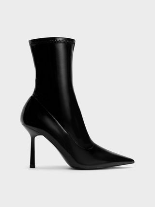 Charles & Keith + Patent Crinkle-Effect Pointed-Toe Stiletto Heel Ankle Boots
