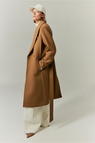 H&M + Wool-Blend Tie-Belt Coat in Dark Beige