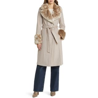 Via Spiga + Wool Blend Belted Coat With Faux Fur Trim