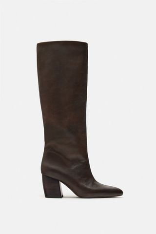 Zara + Leather Block Heel Knee-High Boots