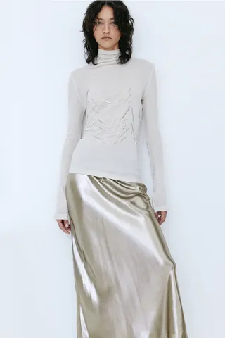H&M + Satin Maxi Skirt in Silver-Coloured