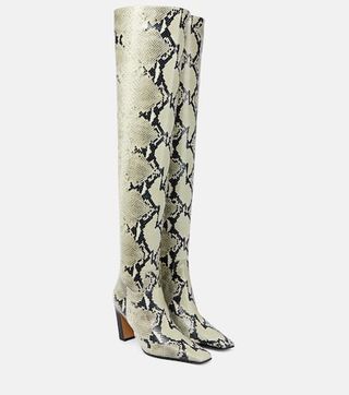 Khaite + Snake-Effect Leather Knee-High Boots in Beige