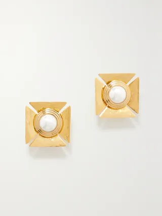 Saint Laurent + Gold-Tone Faux Pearl Clip Earrings