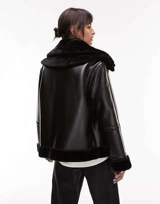 Topshop + Faux Leather Shearling Zip Front Oversized Aviator Jacket With Double Collar Detail in Black