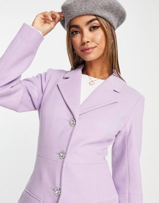 Miss Selfridge + Sculpted Maxi Coat With Diamante Button in Lilac