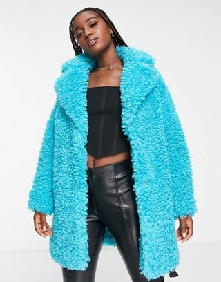 Miss Selfridge + Fluffy Teddy Faux Leather Wrap Coat in Bright Blue