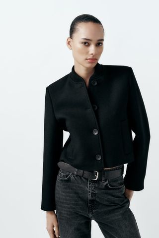 Zara + Buttoned Wool Blend Bomber Jacket