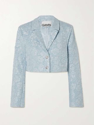 Ganni + Cropped Recycled Floral-Jacquard Blazer