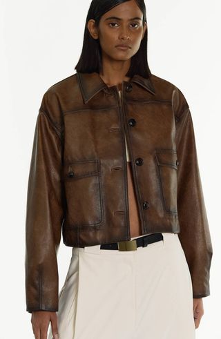Source Unknown + Dusika Grained Faux Leather Jacket in Brown
