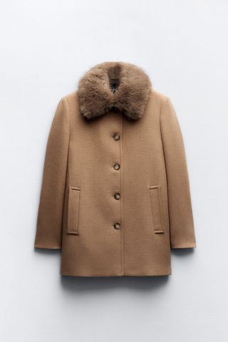 Zara + Wool Blend Coat With Faux Fur Collar