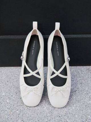 Charles & Keith + White Crossover-Strap Mary Jane Flats