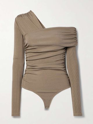 Goldsign + The Fonteyn Off-The-Shoulder Ruched Ribbed Stretch-Jersey Thong Bodysuit