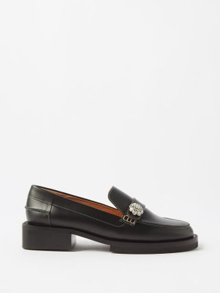 Ganni + Crystal-Embellished Leather Loafers