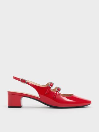 Charles & Keith + Red Double-Strap Slingback Mary Jane Pumps