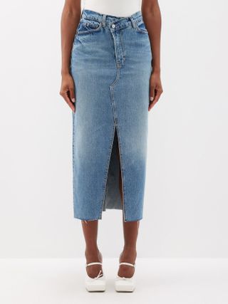 Reformation + Nila Front-Slit Organic-Blend Denim Midi Skirt