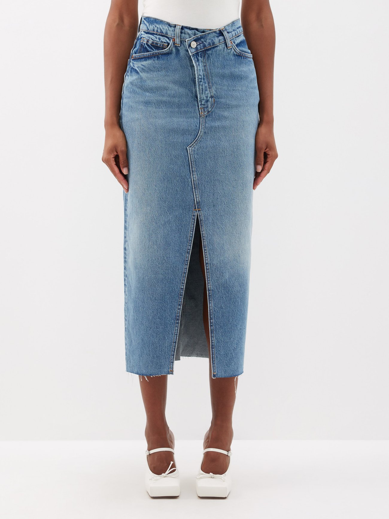 Reformation + Nila Entrance-Prick Natural-Blend Denim Midi Skirt