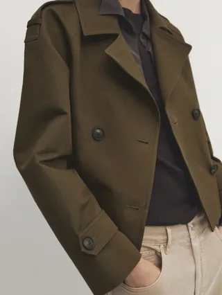 Massimo Dutti + 2-Layer Double-Breasted Cropped Trench-Coat