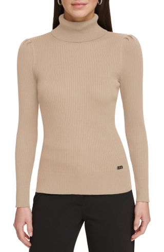 DKNY + Puff Sleeve Rib Turtleneck Sweater