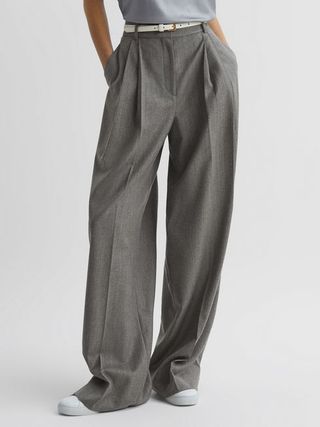 Reiss + Grey Otis Wool Blend Pinstripe Wide Leg Trousers