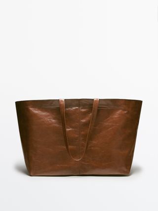 Massimo Dutti + Maxi Crackled Leather Tote Bag