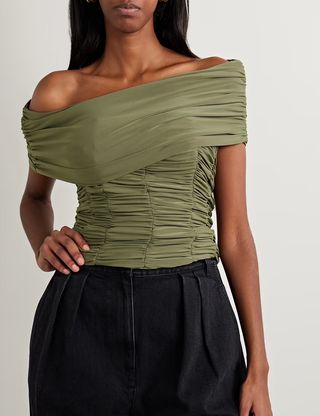 Tibi + Convertible Off-The-Shoulder Ruched Jersey Top
