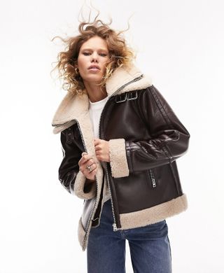 Topshop + Faux Leather Shearling Aviator Jacket
