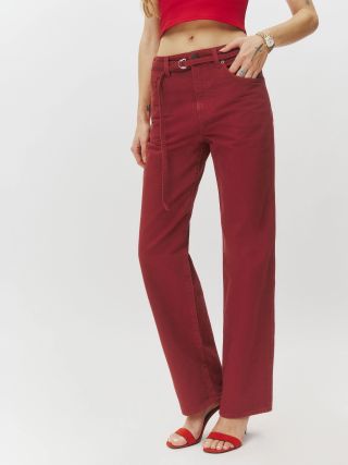 Reformation + Val Belted Mid Rise Straight Jeans in Lipstick