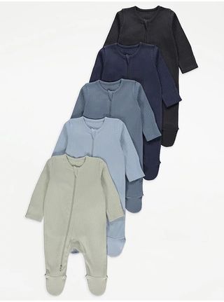 George + Ribbed Long Sleeve Zip Up Sleepsuits 5 Pack