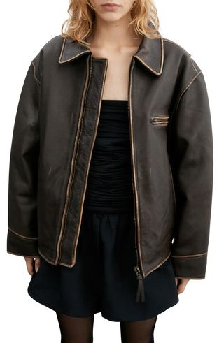 Mango + Oversize Distressed Leather Jacket