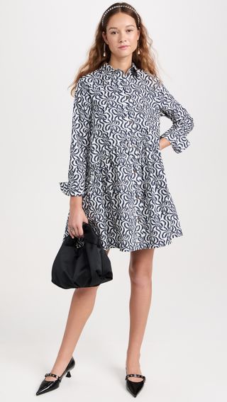 Ganni + Printed Cotton Mini Shirt Dress
