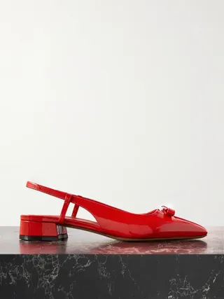 Ferragamo + Marlina Bow-Embellished Patent-Leather Slingback Flats