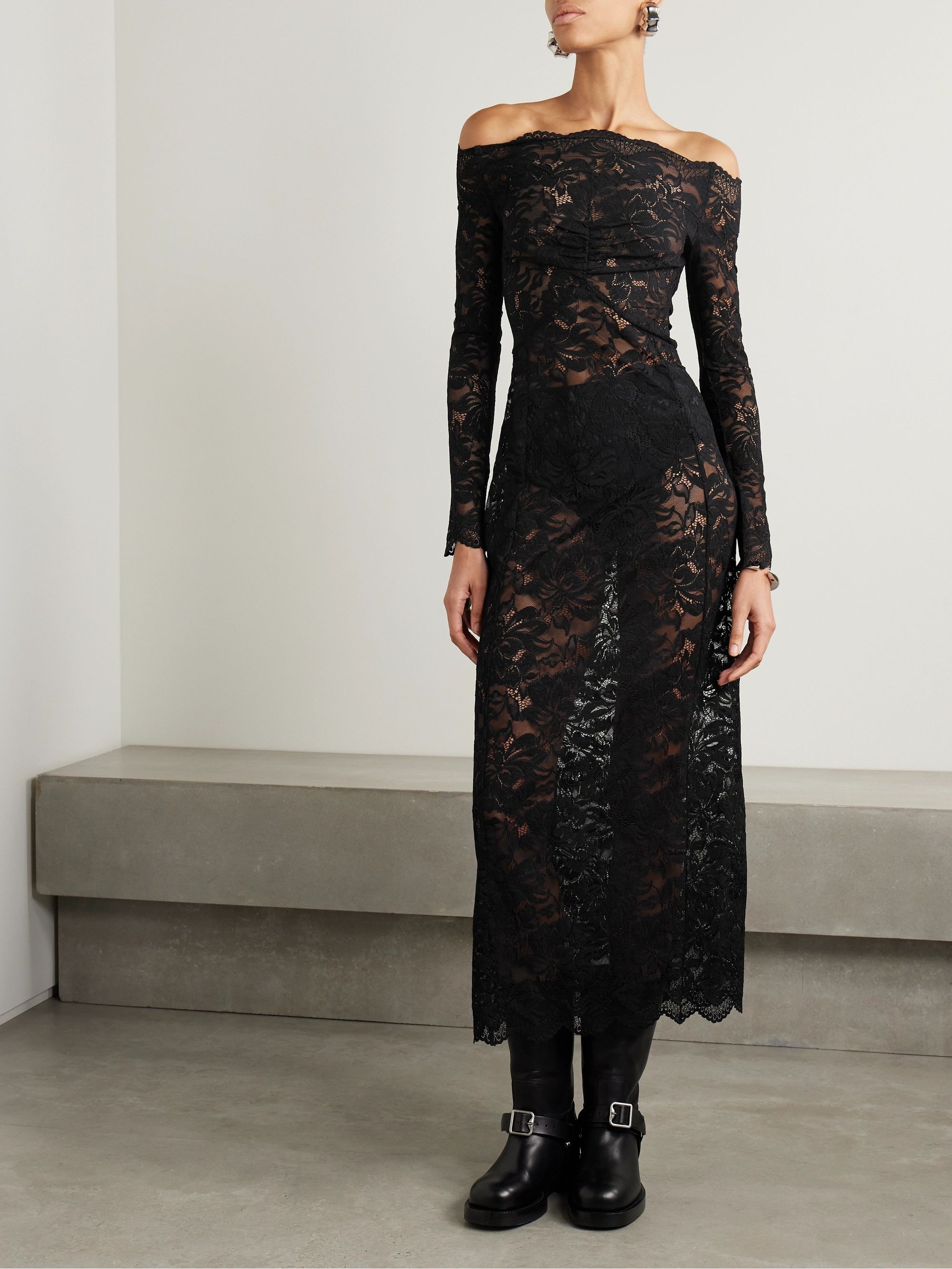Paco Rabanne + Off-The-Shoulder Scalloped Stretch-Lace Maxi Dress