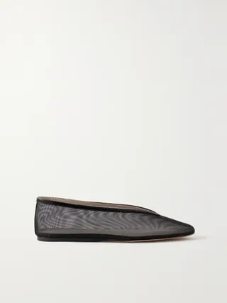 Le Monde Beryl + Luna Metallic Leather-Trimmed Mesh Ballet Flats