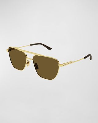Bottega Veneta + Double-Bridge Metal Aviator Sunglasses