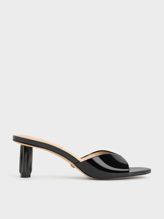 Charles & Keith + Black Boxed Leather Geometric Heel Mules