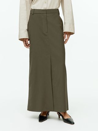 Arket + Long Wool-Blend Skirt in Khaki Green