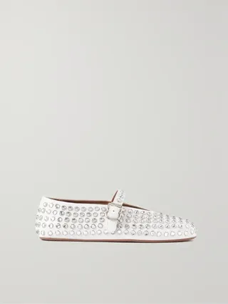 Alaïa + Crystal-Embellished Leather Ballet Flats in White