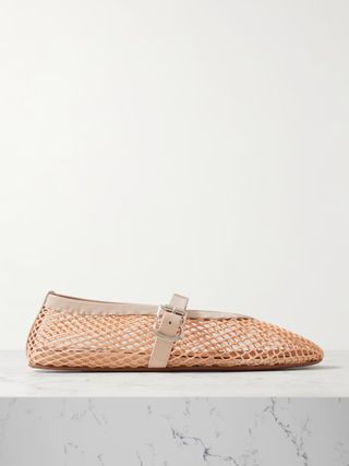 Alaïa + Patent Leather-Trimmed Mesh Ballet Flats in Neutral