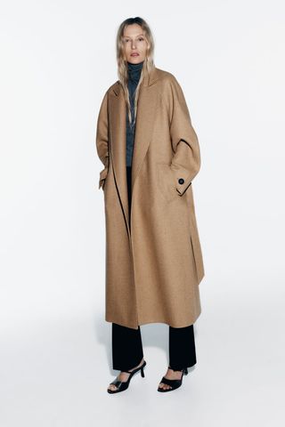 Zara + Long Belted Wool Blent Coat