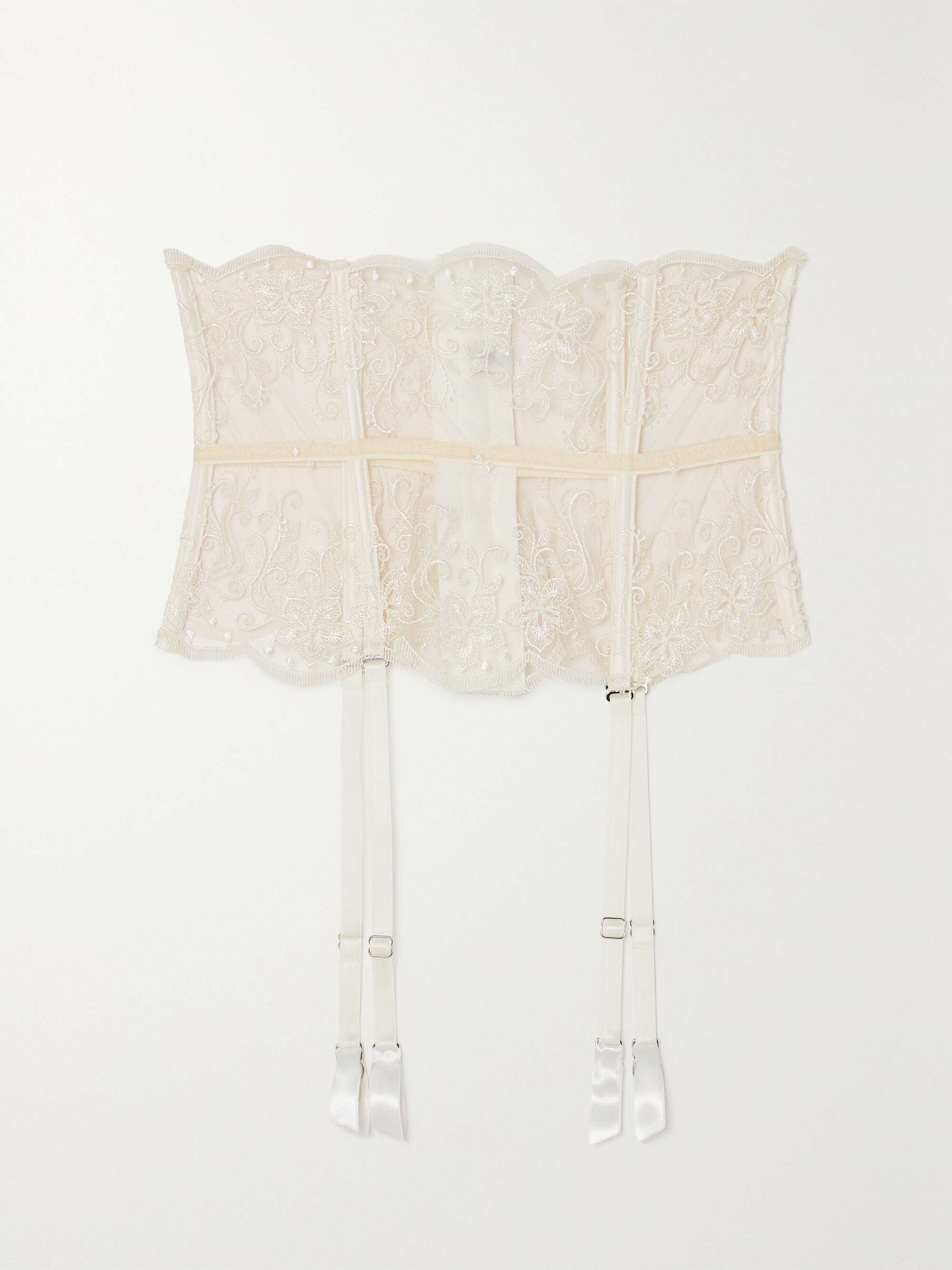 I.D. Sarrieri + + Net Sustain Tubereuse Blanche Satin-Trimmed Embroidered Tulle Suspender Belt