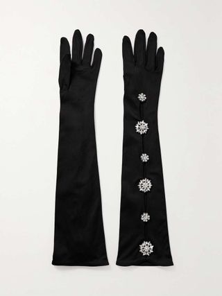 Clio Peppiatt + Crystal-Embellished Cutout Satin Gloves