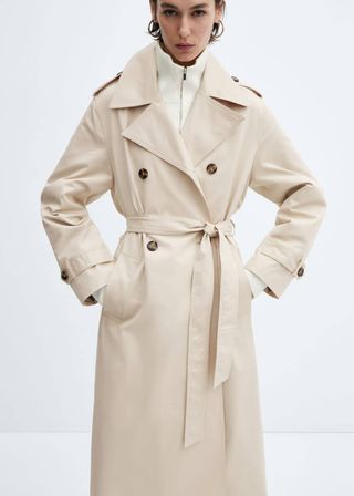Mango + Double-Button Trench Coat in Light/Pastel Grey