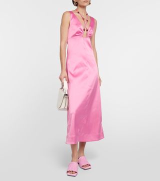 Ganni + Satin Midi Dress in Pink
