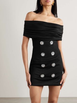 Balmain + Off-The-Shoulder Embellished Ruched Jersey and Cady Mini Dress